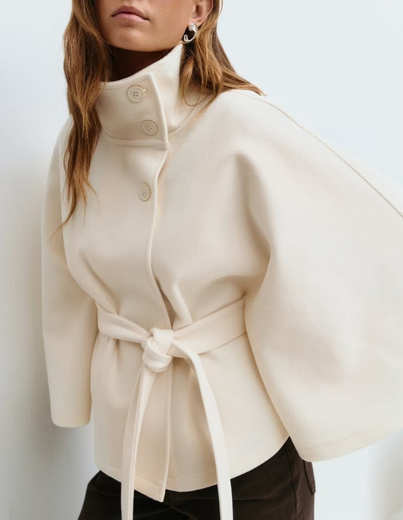 Winter High Neck Batwing Sleeve Coat With Belt Trench Coat