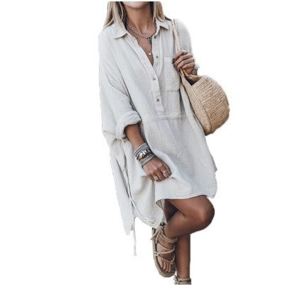 Women's Casual Loose Cotton And Linen Deep V-neck Dress