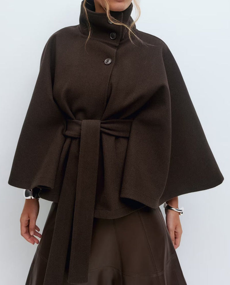 Winter High Neck Batwing Sleeve Coat With Belt Trench Coat