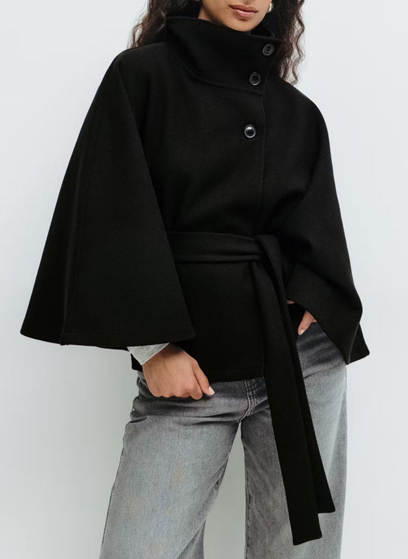 Winter High Neck Batwing Sleeve Coat With Belt Trench Coat