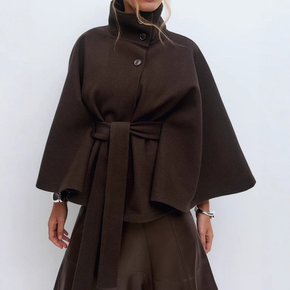 Winter High Neck Batwing Sleeve Coat With Belt Trench Coat