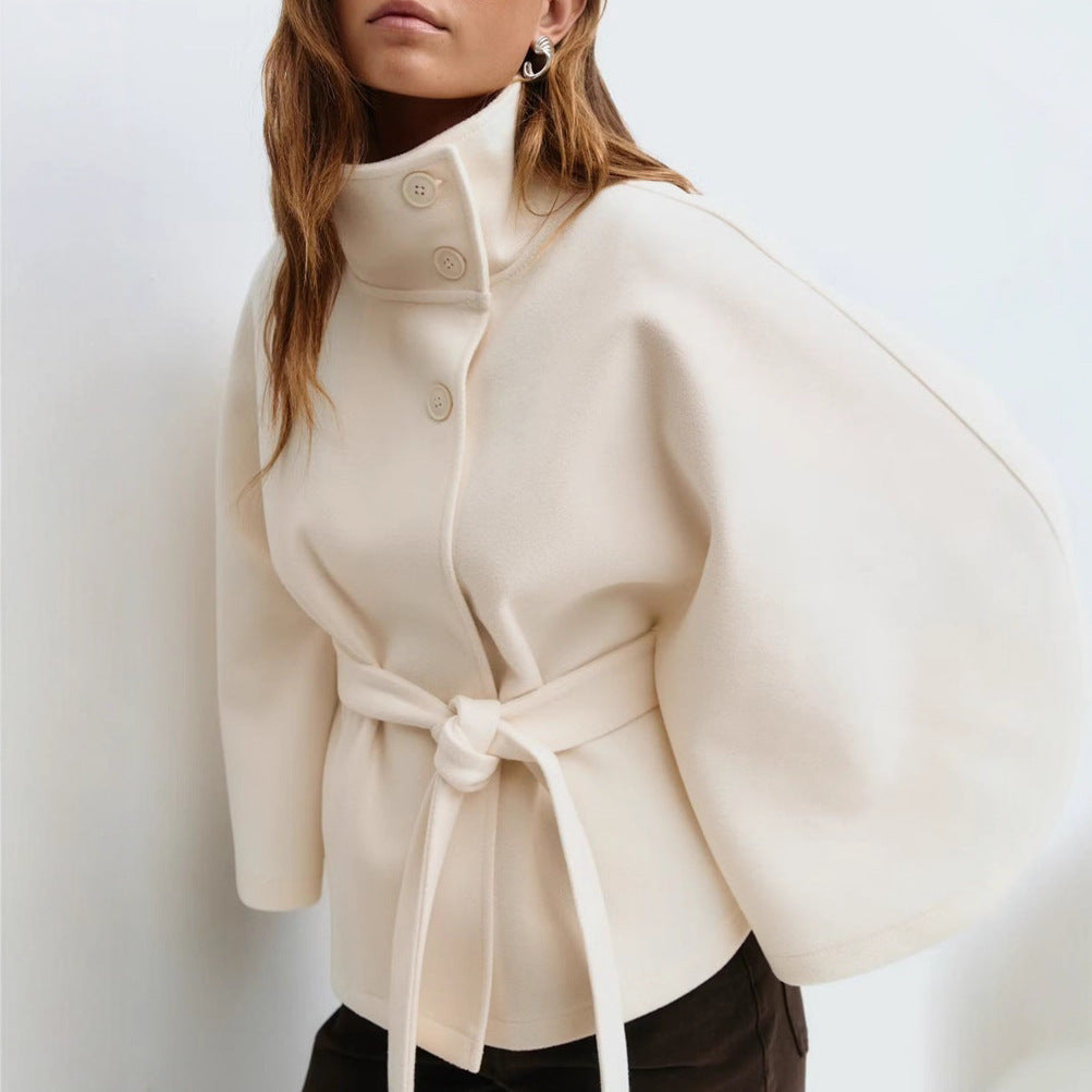 Winter High Neck Batwing Sleeve Coat With Belt Trench Coat