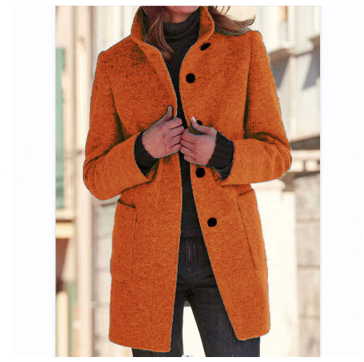 Fashion Stand Collar Woolen Coat With Pockets