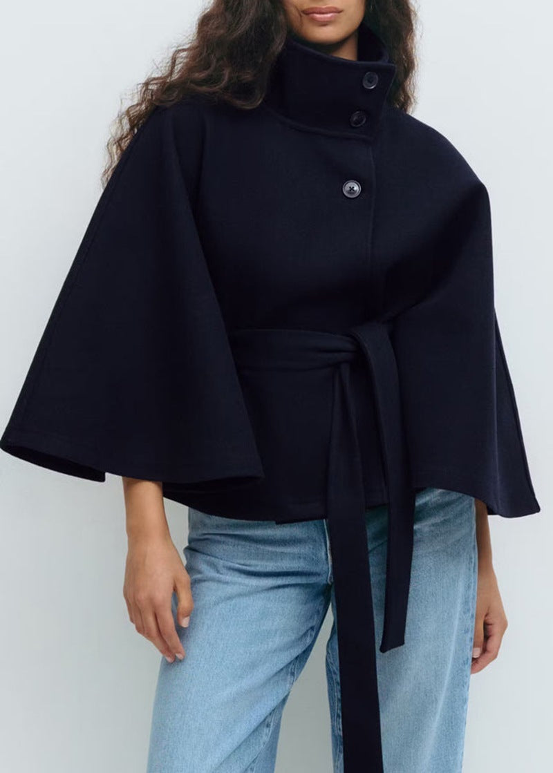 Winter High Neck Batwing Sleeve Coat With Belt Trench Coat