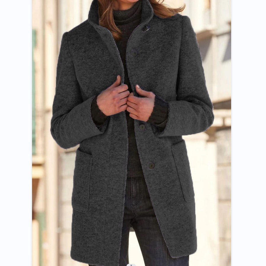 Fashion Stand Collar Woolen Coat With Pockets