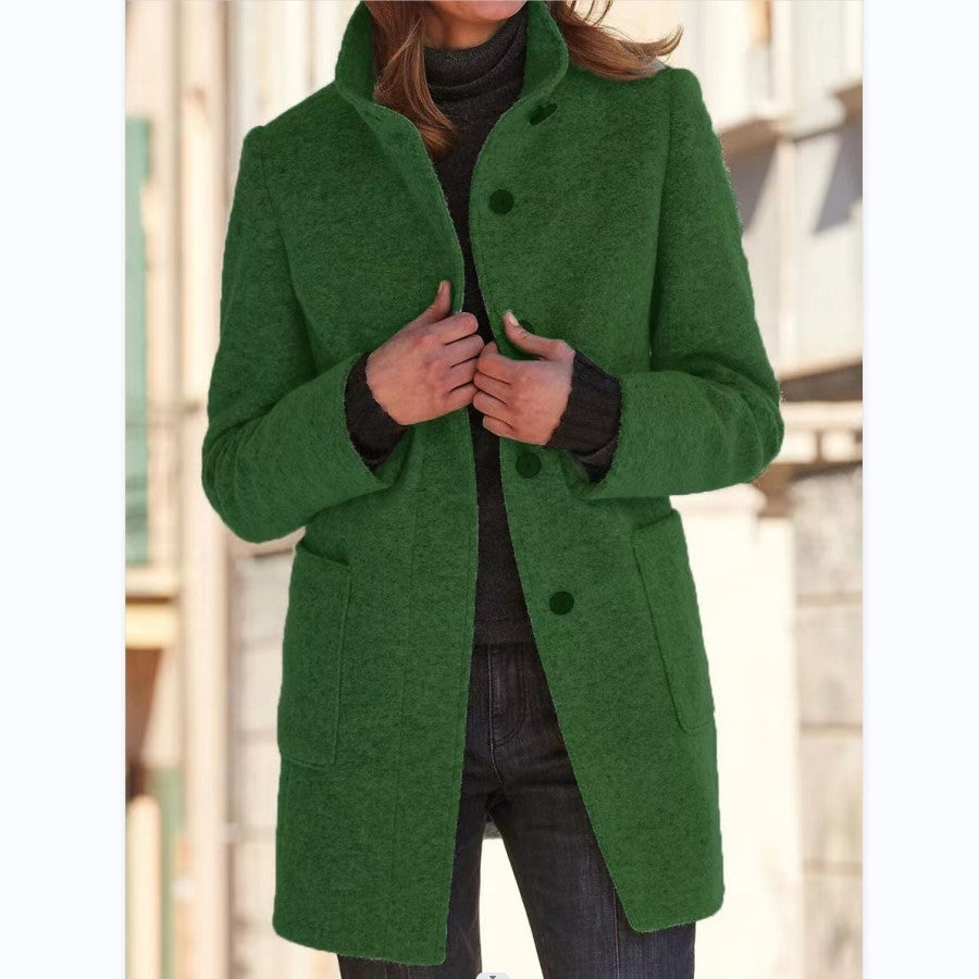 Fashion Stand Collar Woolen Coat With Pockets