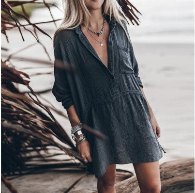 Women's Casual Loose Cotton And Linen Deep V-neck Dress