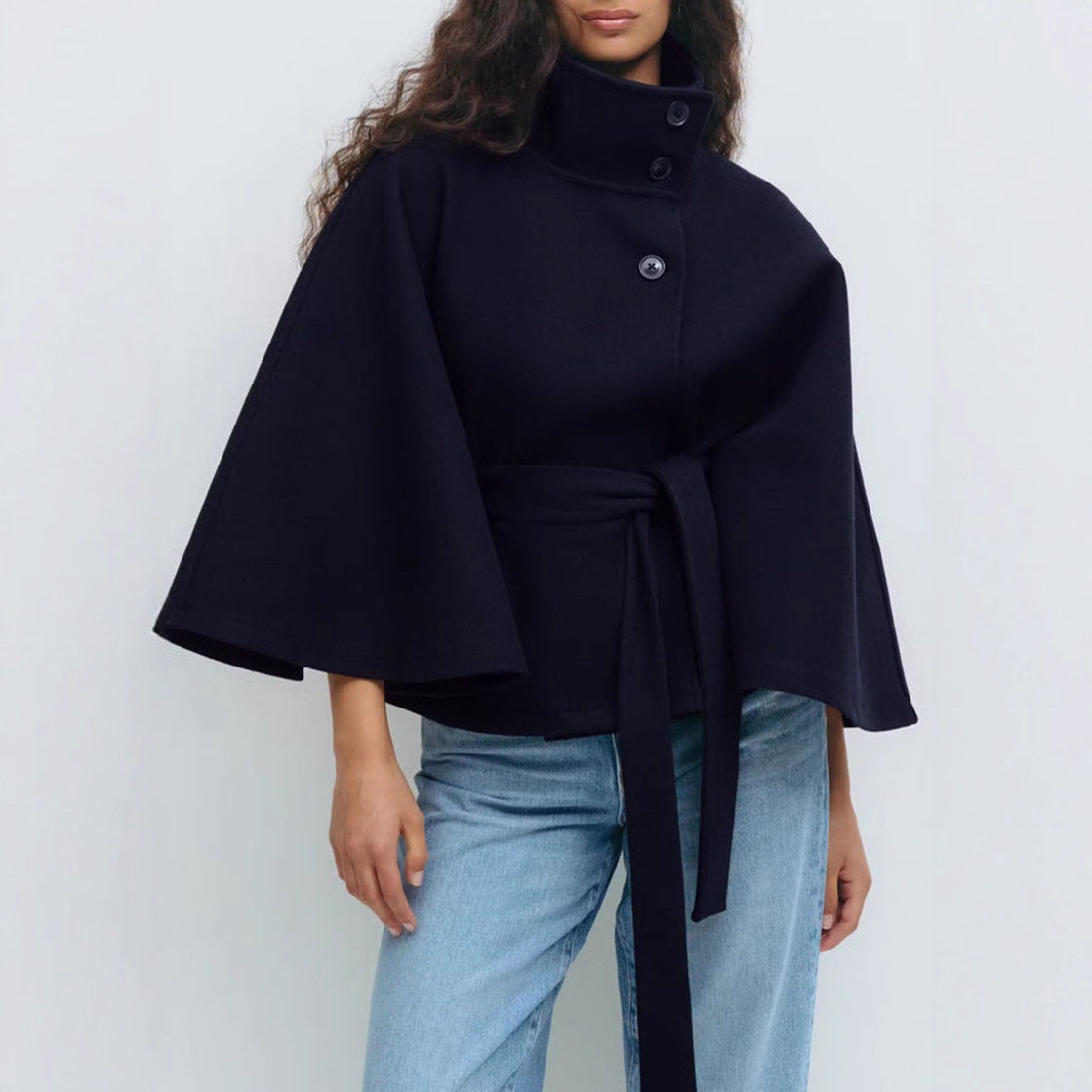Winter High Neck Batwing Sleeve Coat With Belt Trench Coat