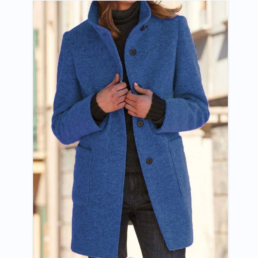 Fashion Stand Collar Woolen Coat With Pockets