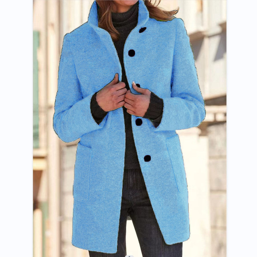 Fashion Stand Collar Woolen Coat With Pockets