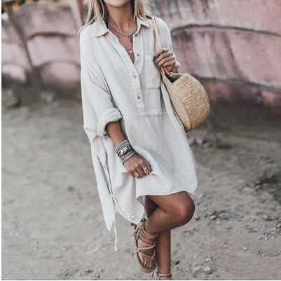 Women's Casual Loose Cotton And Linen Deep V-neck Dress