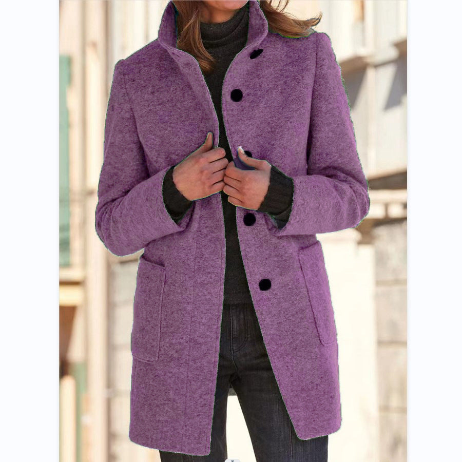 Fashion Stand Collar Woolen Coat With Pockets