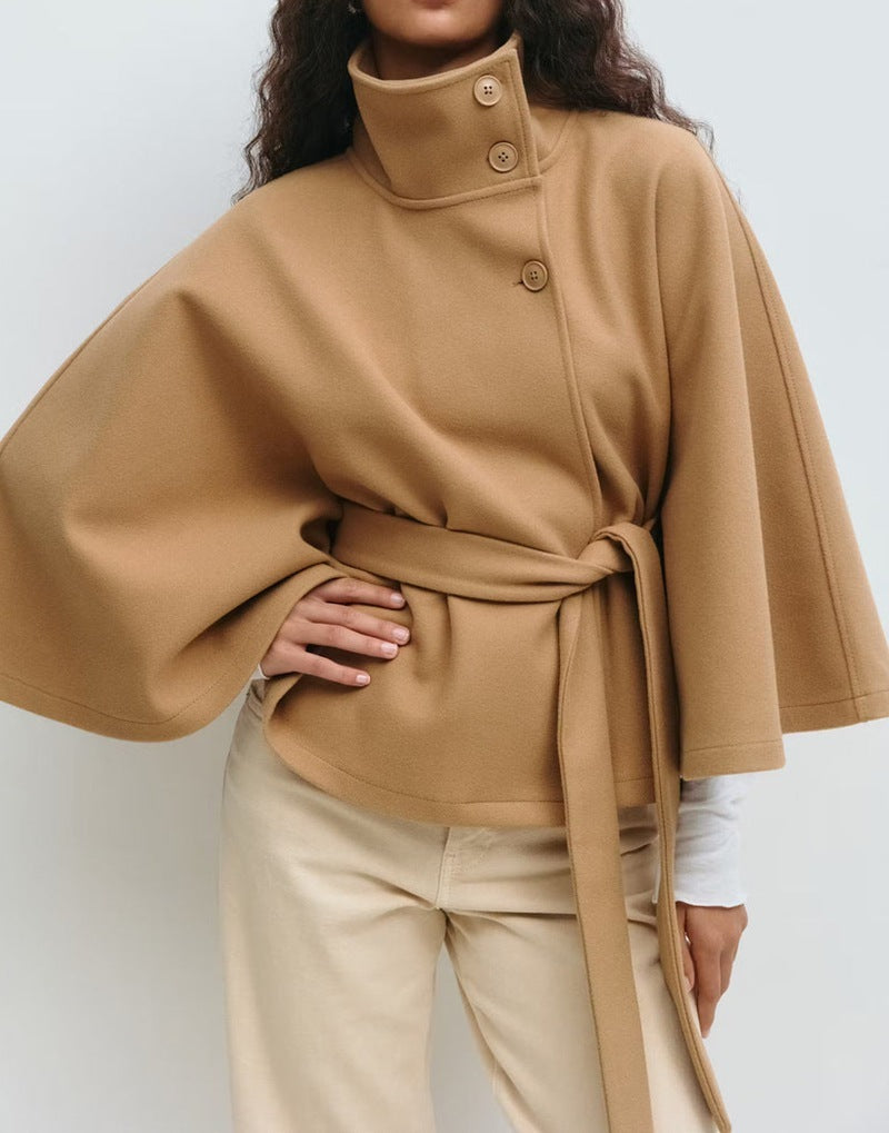 Winter High Neck Batwing Sleeve Coat With Belt Trench Coat
