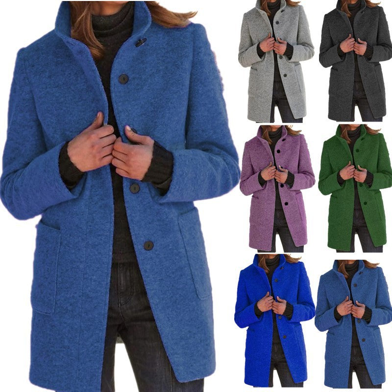 Fashion Stand Collar Woolen Coat With Pockets